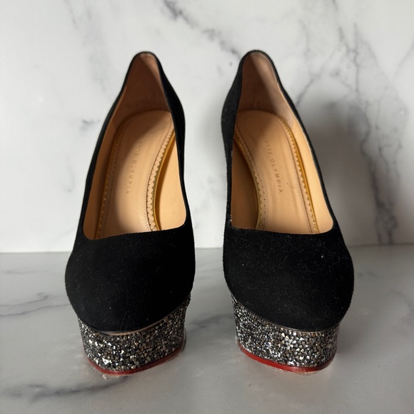 Charlotte Olympia Dolly Black Suede Swarovski Platform Heels Size EU 42 / US 12 - Picture 5 of 10